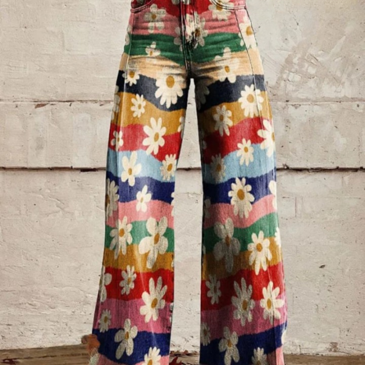 Trendy retro bukser med blomster, høj talje og vidde ben - Mirella