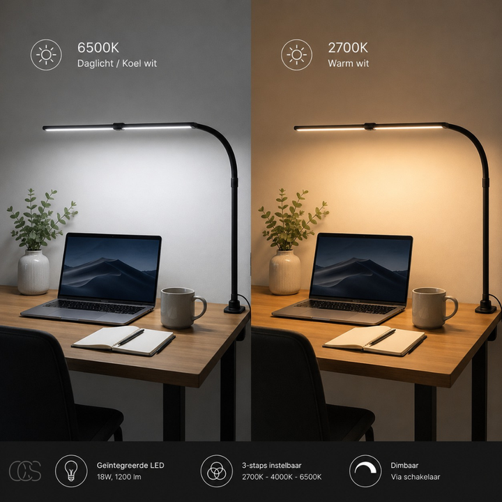 Dæmpbar skrivebordslampe - 3 lysfarver og justerbart design