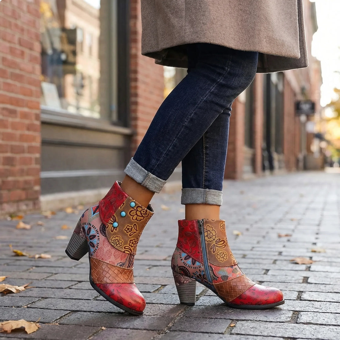 Ankelstøvle med patchwork og blomster og høj hæl - rosa