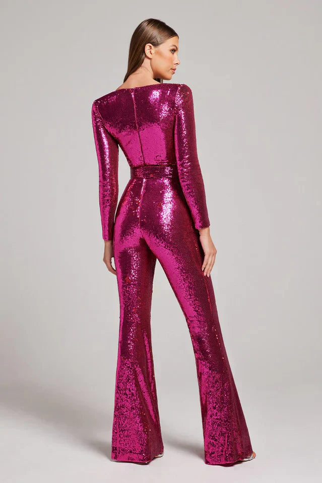 Pailletjumpsuit med korsetdetaljer og vidde ben