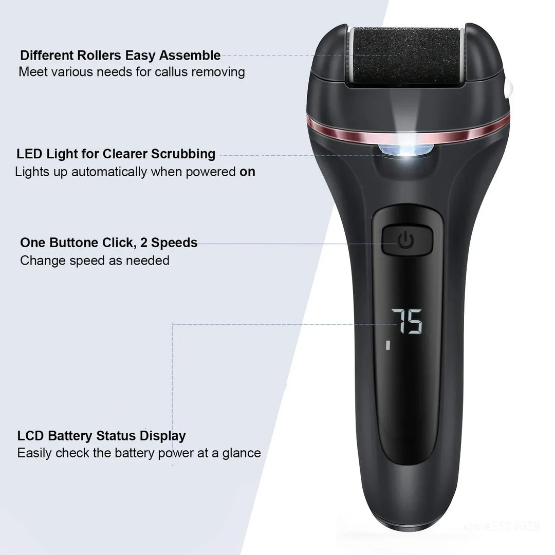Pediluxe Pro elektrisk hård hud-fjerner | Med 3 slibehoveder, LED & LCD | Genopladelig & vandtæt IPX7 | Til bløde og velplejede fødder