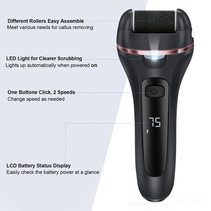 Pediluxe Pro elektrisk hård hud-fjerner | Med 3 slibehoveder, LED & LCD | Genopladelig & vandtæt IPX7 | Til bløde og velplejede fødder
