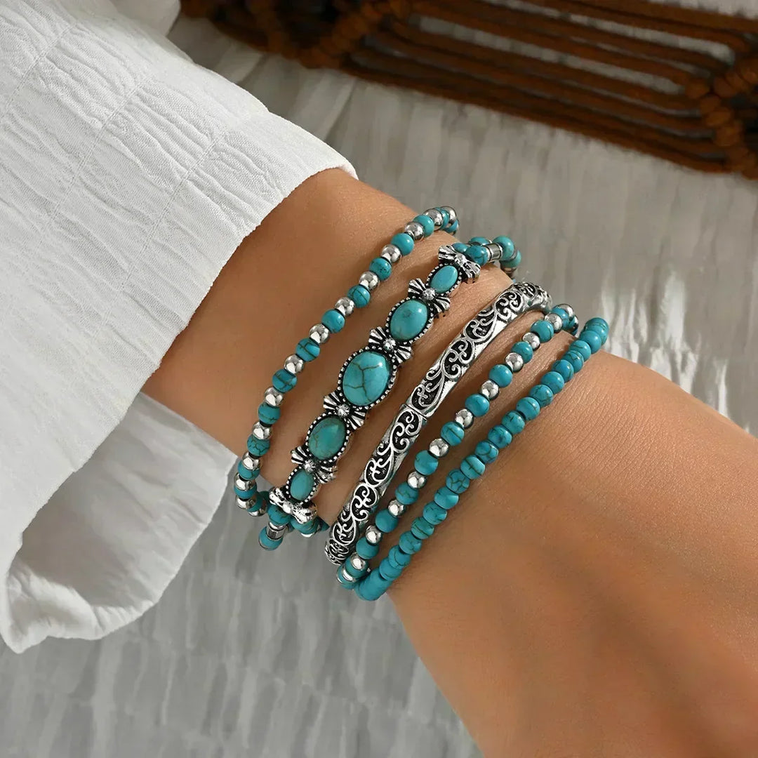 Boho-armbåndssæt – 5 dele, med turkise perler
