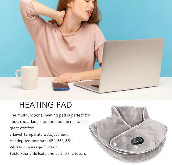 ThermoLiva varmemassageapparat til nakke og skuldre | USB-varmepude med vibration | 3 temperaturniveauer og timer | Blødt plys