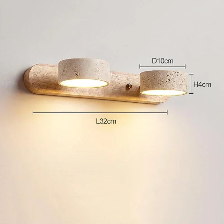 Moderne LED-væglampe med drejelige skærme i sten og træbase