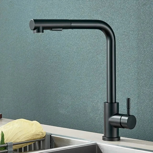 Udtrækkelig køkkenarmatur i sort - fleksibel dyse med 2 tilstande til stråle og spray, blandingsbatteri i rustfrit stål til varmt og koldt vand