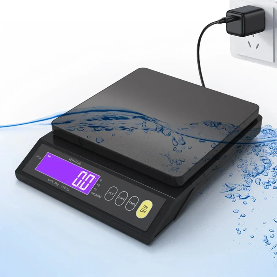 Elektronisk digital køkkenvægt 5 kg/0,1 g og 10 kg/1 g, LCD-skærm, redskab i rustfrit stål, fuldt vandtæt til madlavning