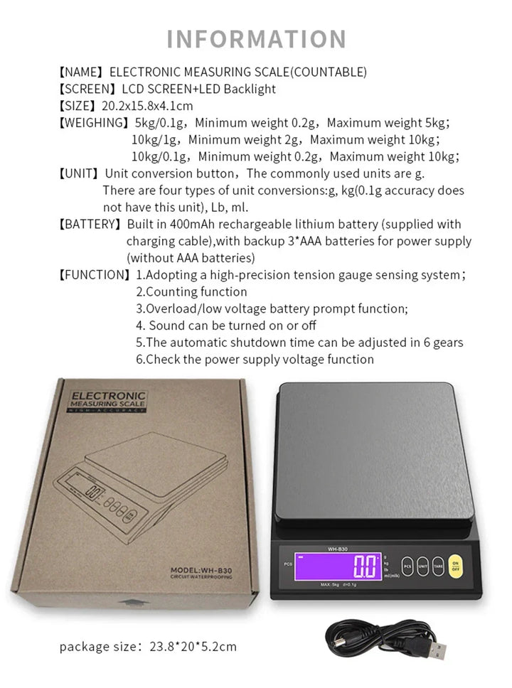 Elektronisk digital køkkenvægt 5 kg/0,1 g og 10 kg/1 g, LCD-skærm, redskab i rustfrit stål, fuldt vandtæt til madlavning