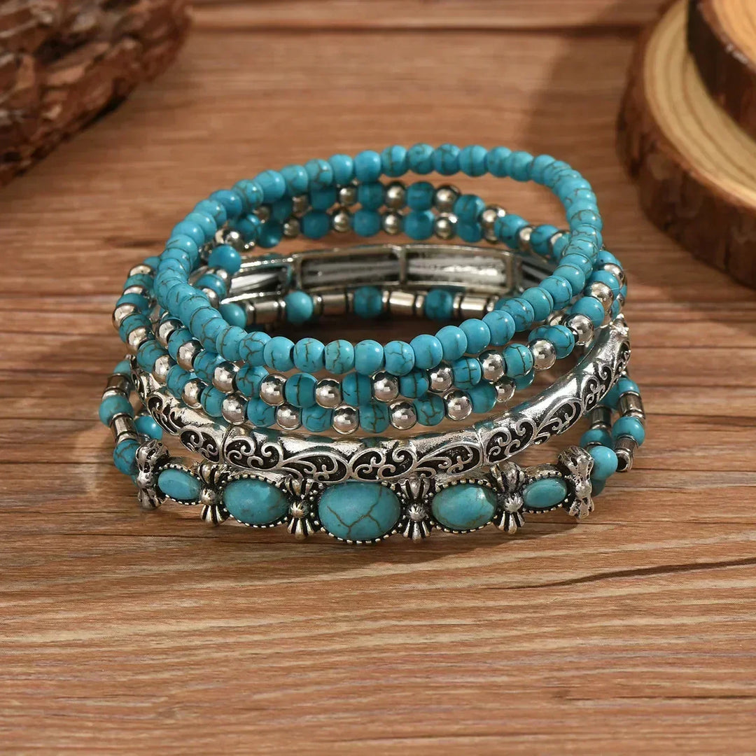 Boho-armbåndssæt – 5 dele, med turkise perler