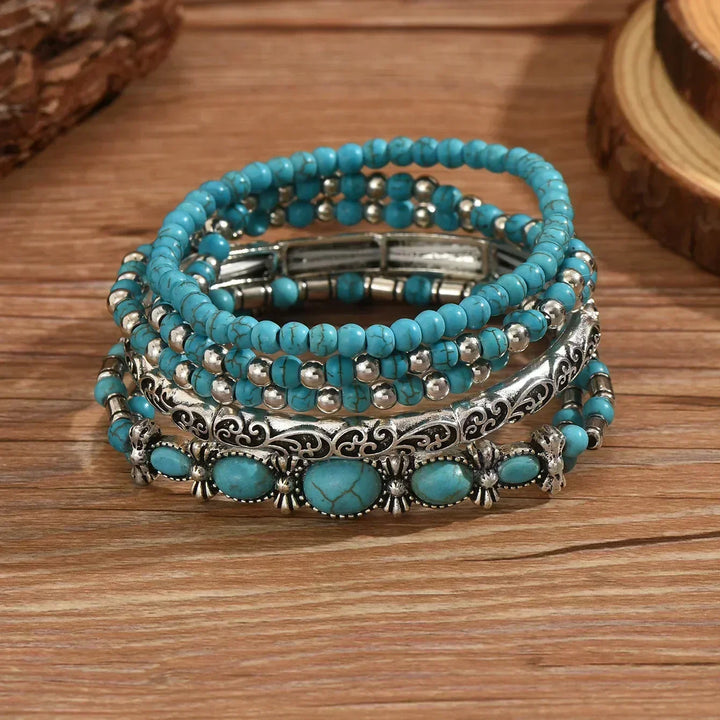 Boho-armbåndssæt – 5 dele, med turkise perler