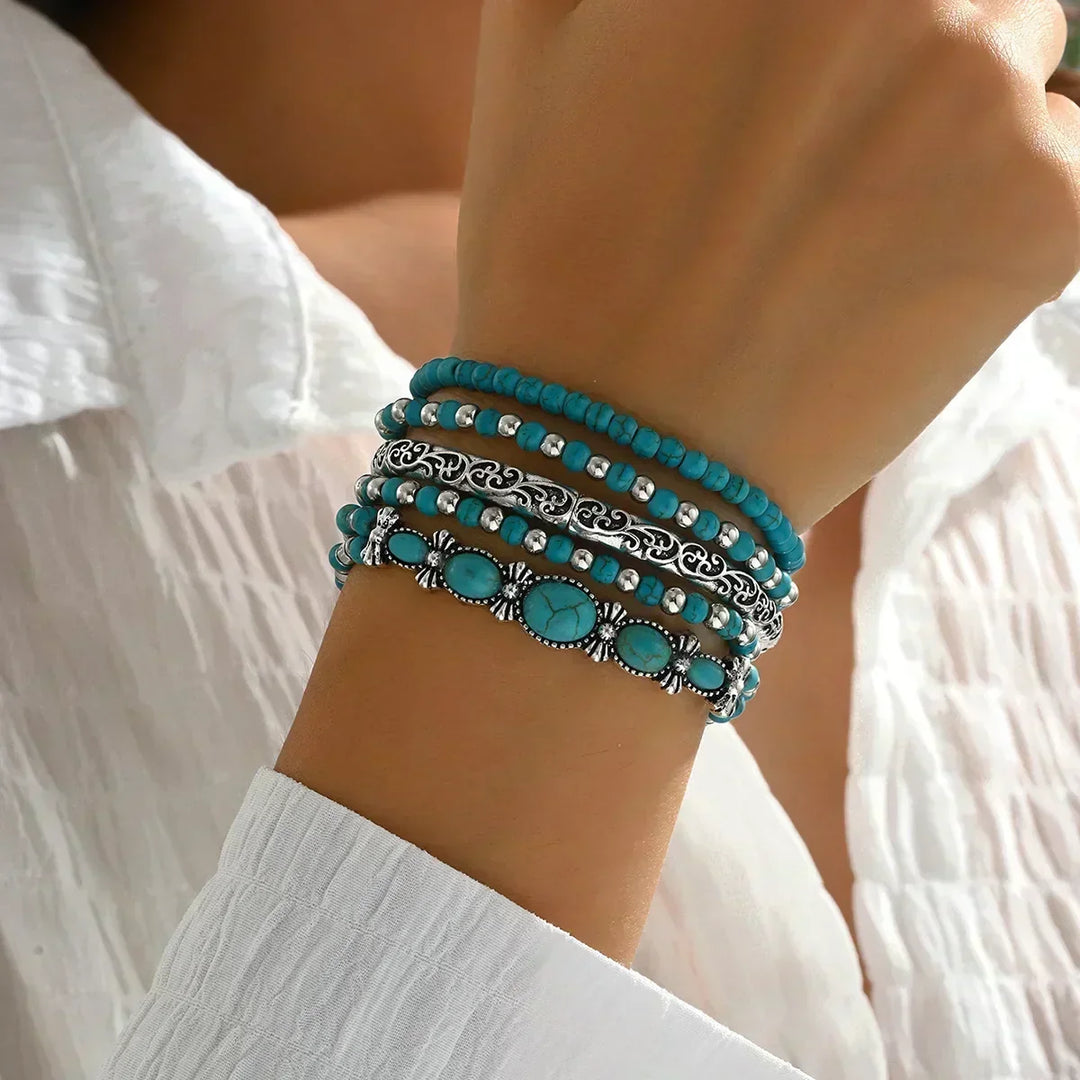Boho-armbåndssæt – 5 dele, med turkise perler