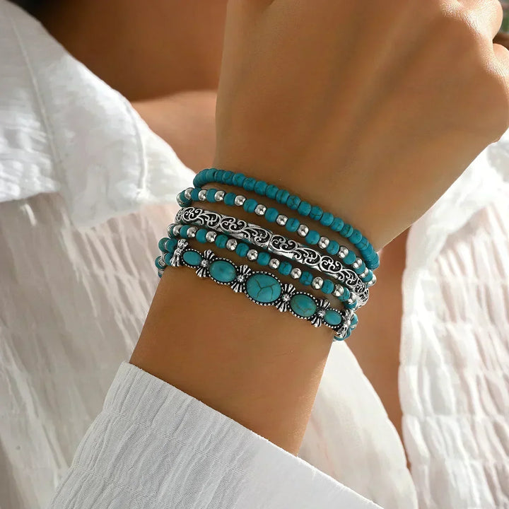 Boho-armbåndssæt – 5 dele, med turkise perler