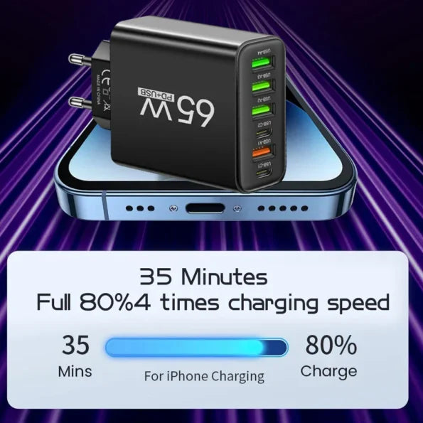 PowerMax 65W 6-i-1 hurtiglader – oplader op til 6 enheder samtidig – ideel til hjem, kontor og rejser