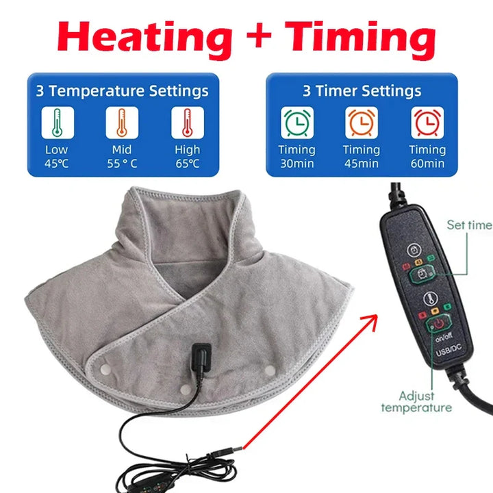 ThermoLiva varmemassageapparat til nakke og skuldre | USB-varmepude med vibration | 3 temperaturniveauer og timer | Blødt plys