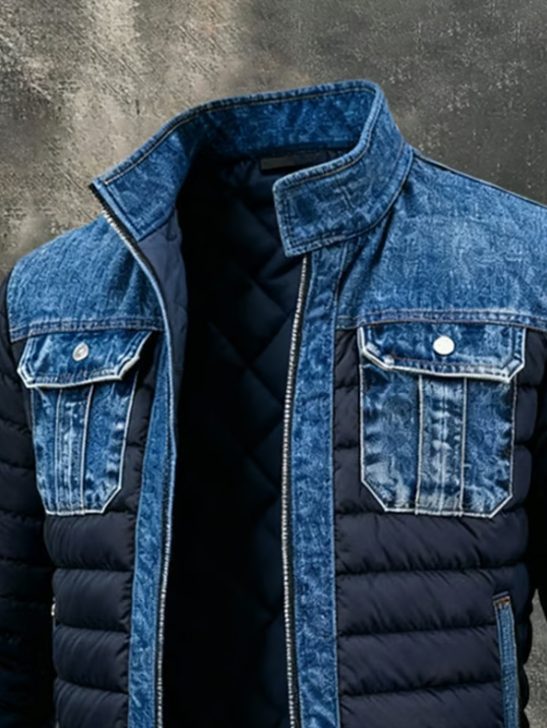 Quiltet denimjakke til herre med opstående krave og lynlås foran, blå