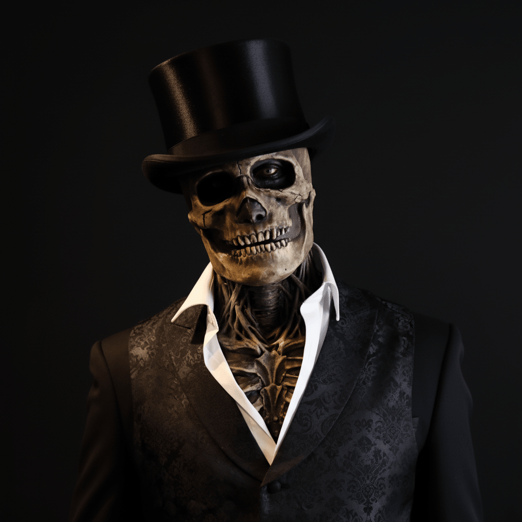 GRAVEFACE – Realistisk skeletmaske med hat til det ultimative Halloween-kostume