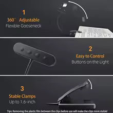 FlexiRead læselampe | Genopladelig via USB | 3 lysfarver og dæmpbar | Klip og fleksibel arm