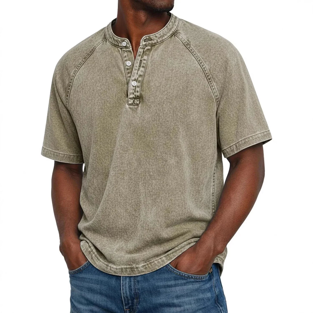 Kortærmet henley til herrer | Vintage-vasket T-shirt med knaplukning