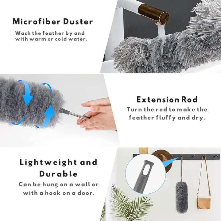 Udtrækkelig mikrofiber-støvvender | Ekstra lang rækkevidde | Fleksibelt hoved | Vaskbar