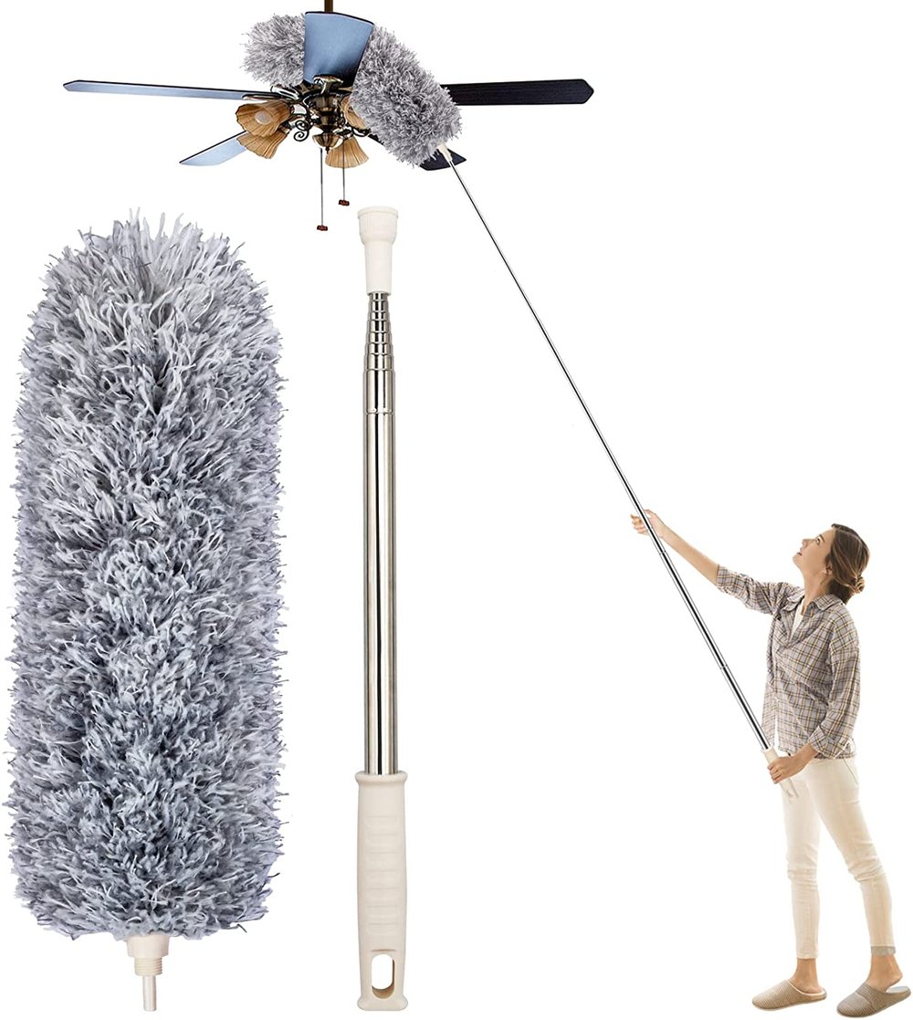 Teleskopisk mikrofiber-støvmoppe | Ekstra lang rækkevidde | Fleksibelt hoved | Vaskbar | DustReach