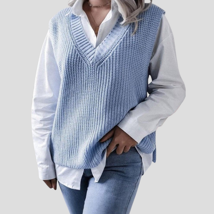 Blå ærmeløs sweater med V-hals til kvinder