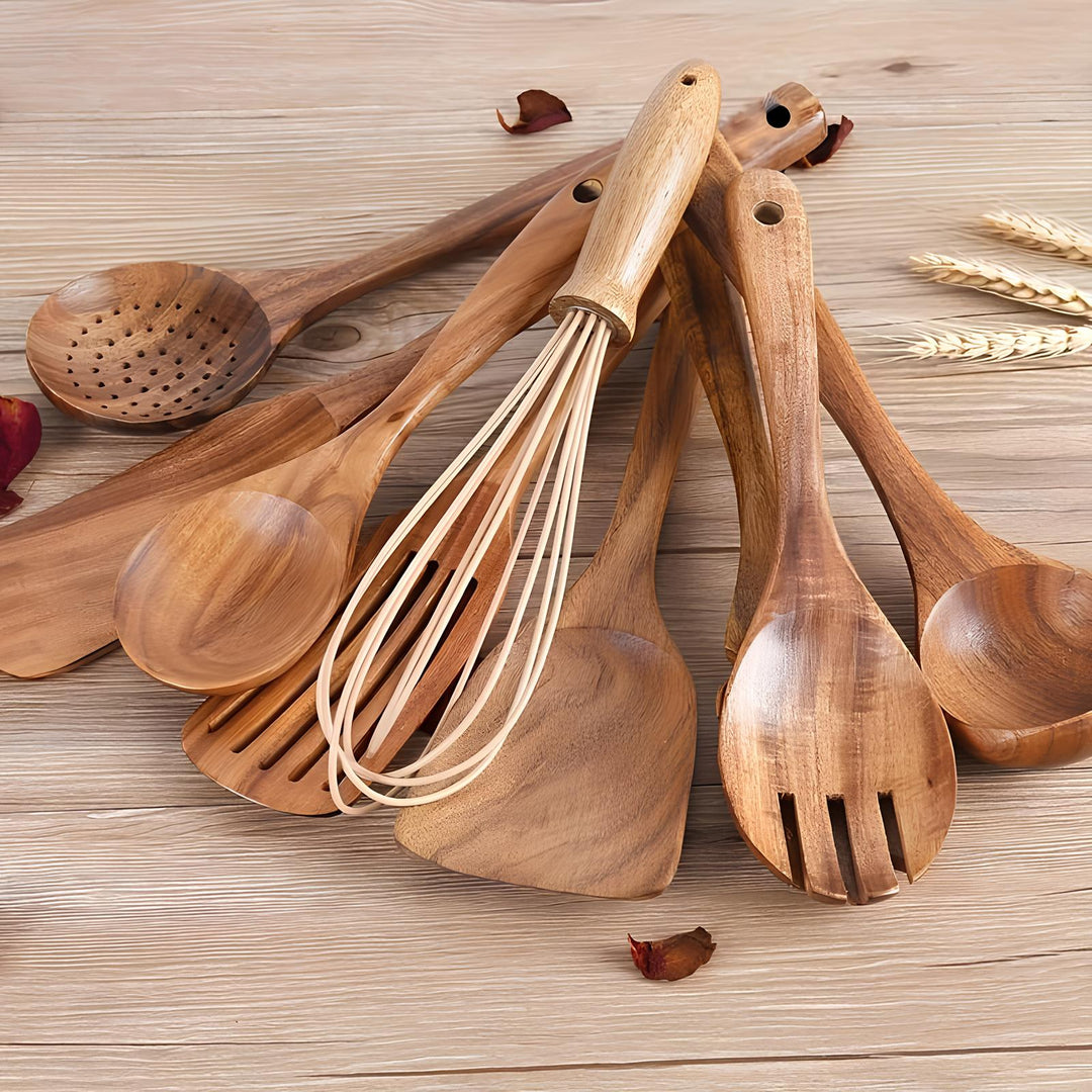 Køkkenredskabssæt i teak, 11 dele | Med holder | Naturtræ