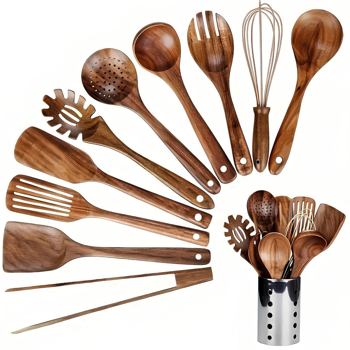 Køkkenredskabssæt i teak, 11 dele | Med holder | Naturtræ
