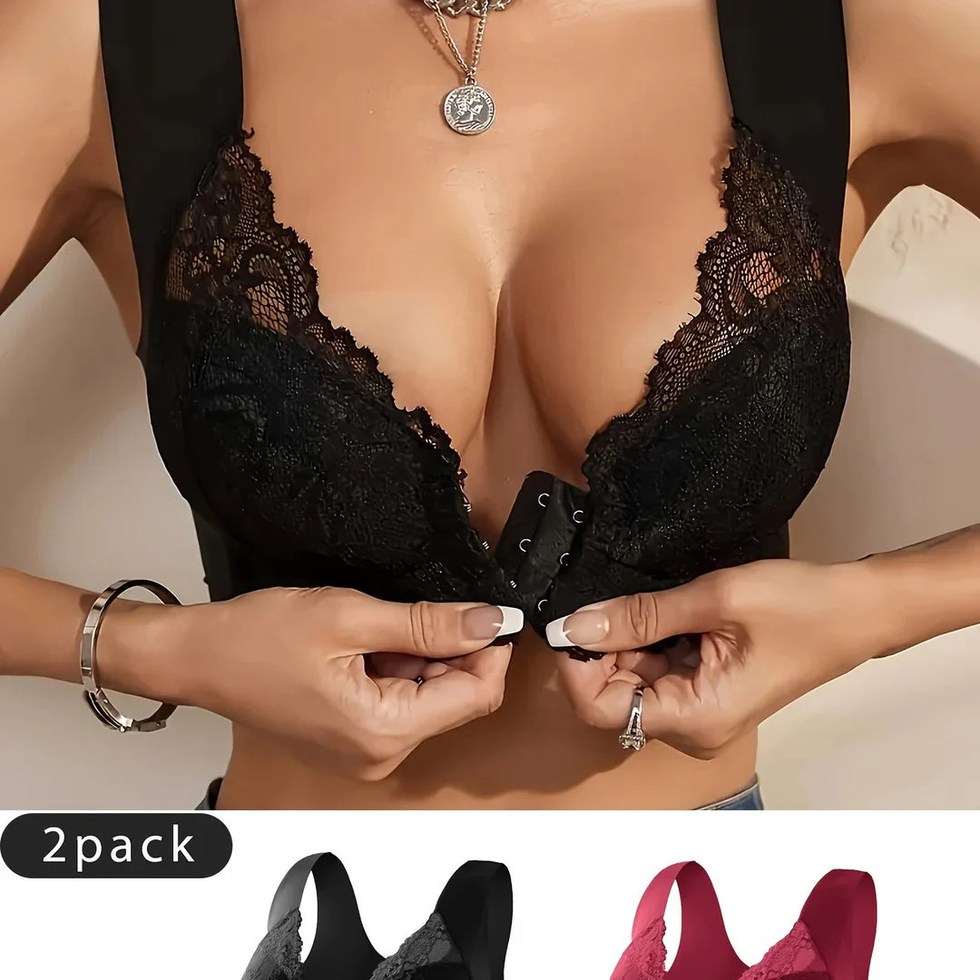 Sæt af 2 Dame-BH'er med Frontlukning og Blonde Detaljer – Komfort Møder Elegance