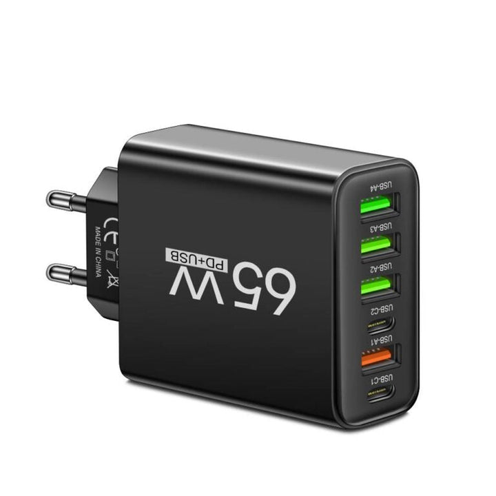 PowerMax 65W 6-i-1 hurtiglader – oplader op til 6 enheder samtidig – ideel til hjem, kontor og rejser
