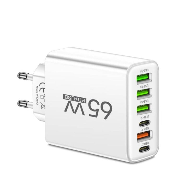 PowerMax 65W 6-i-1 hurtiglader – oplader op til 6 enheder samtidig – ideel til hjem, kontor og rejser