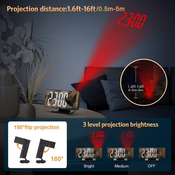 LED-projektionsvækkeur med justerbar 180°-projektion – tydeligt display og snooze-funktion til soveværelse eller kontor