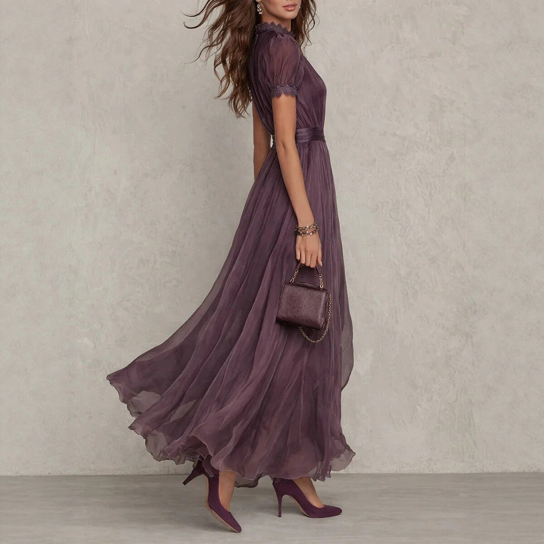 Elegant High-neck Purple Lace-spliced Flowing Maxi Dress