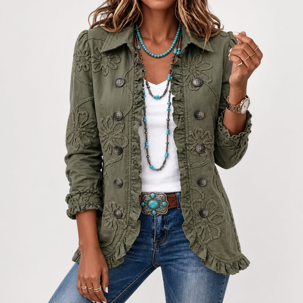Blomsterbroderet utility-jakke – vintage-boho-stil med flæsekanter