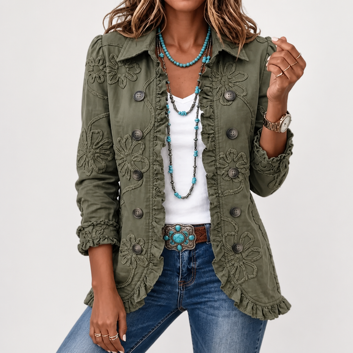 Blomsterbroderet utility-jakke – vintage-boho-stil med flæsekanter