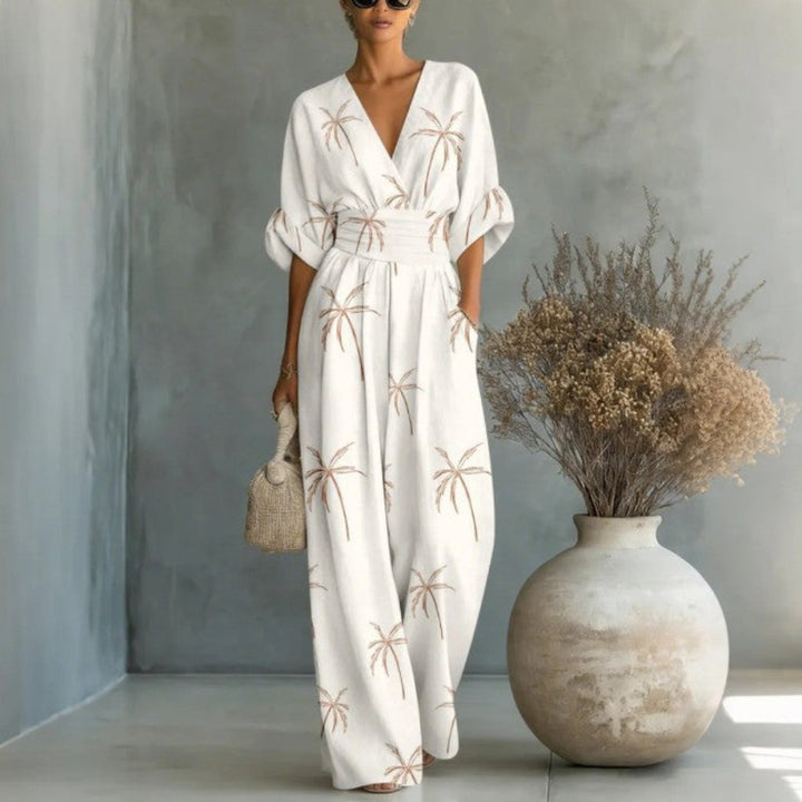 Waist-cinched V-neck Printed Womens Jumpsuit