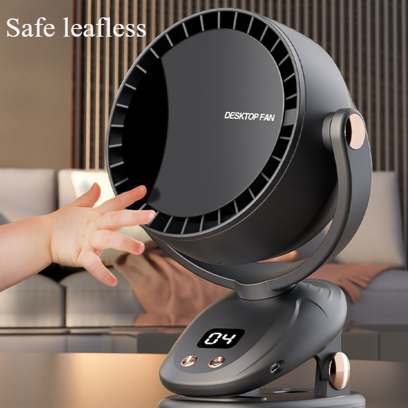 Bærbar bladfri ventilator med digitalt display – lydsvag og genopladelig til inde og ude