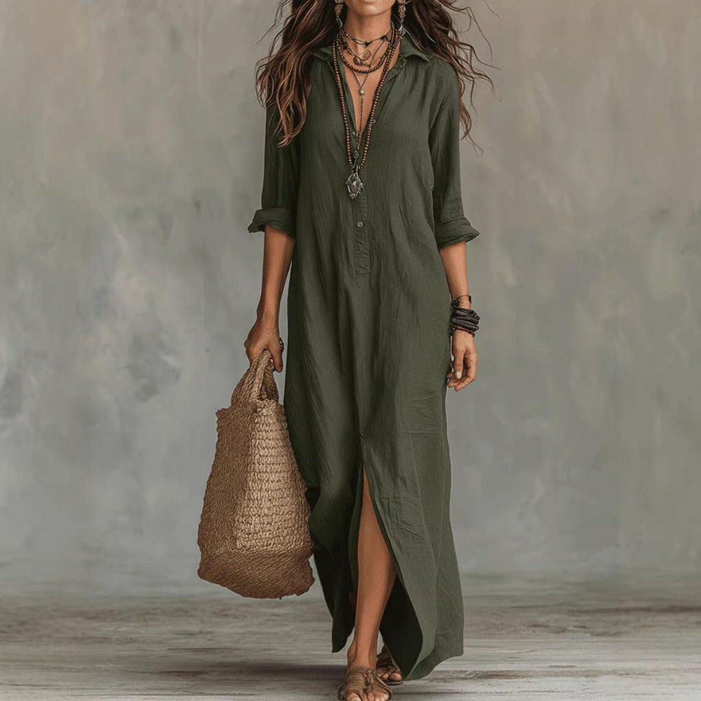 Long-sleeve Maxi Dress Casual Solid Color Lapel Collar Side Slit Beach Dresses Women's Clothing