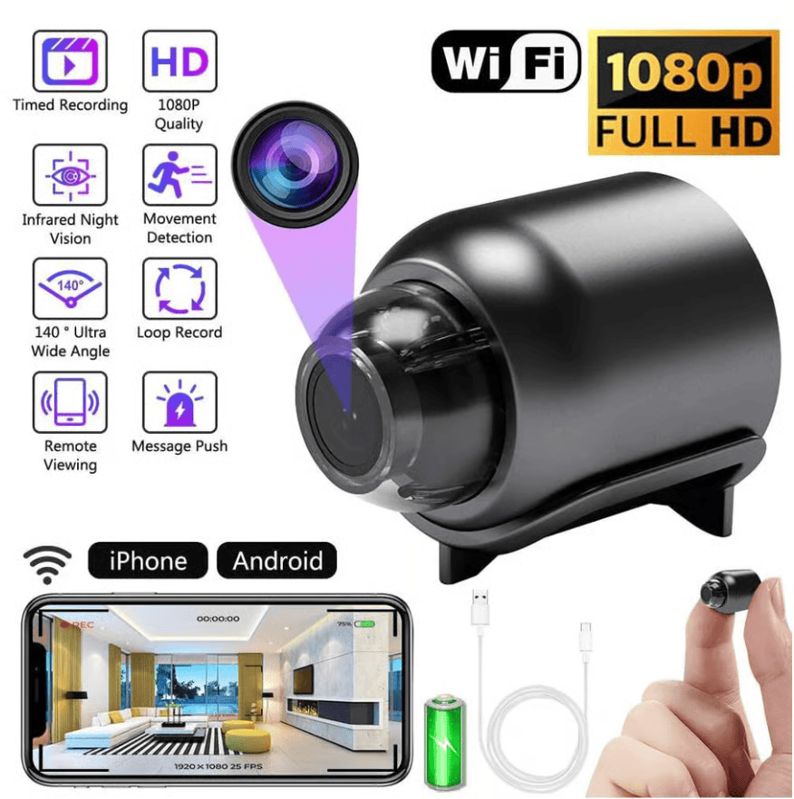 Mini 1080P HD WiFi-overvågningskamera – optager video og lyd.