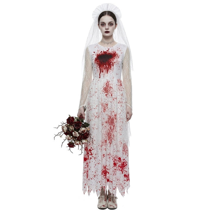 Halloween spøgelsesbrude cos kostume, blodplettet hvid brudekjole, skræmmende temafest sceneoptrædenskostume — billede 4