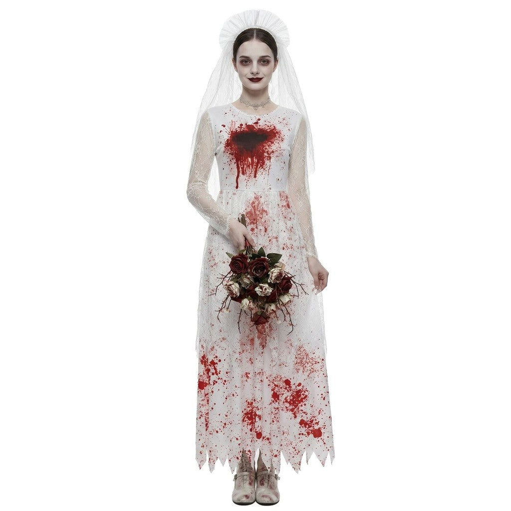 Halloween spøgelsesbrude cos kostume, blodplettet hvid brudekjole, skræmmende temafest sceneoptrædenskostume — billede 5