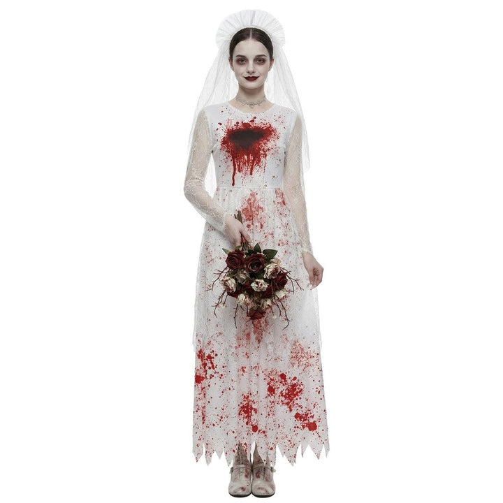 Halloween spøgelsesbrude cos kostume, blodplettet hvid brudekjole, skræmmende temafest sceneoptrædenskostume — billede 5