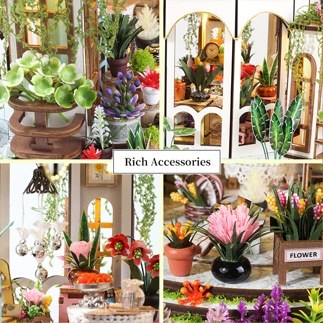 Miniature blomsterhus – 3D-trepuslespil med LED-belysning og detaljeret have