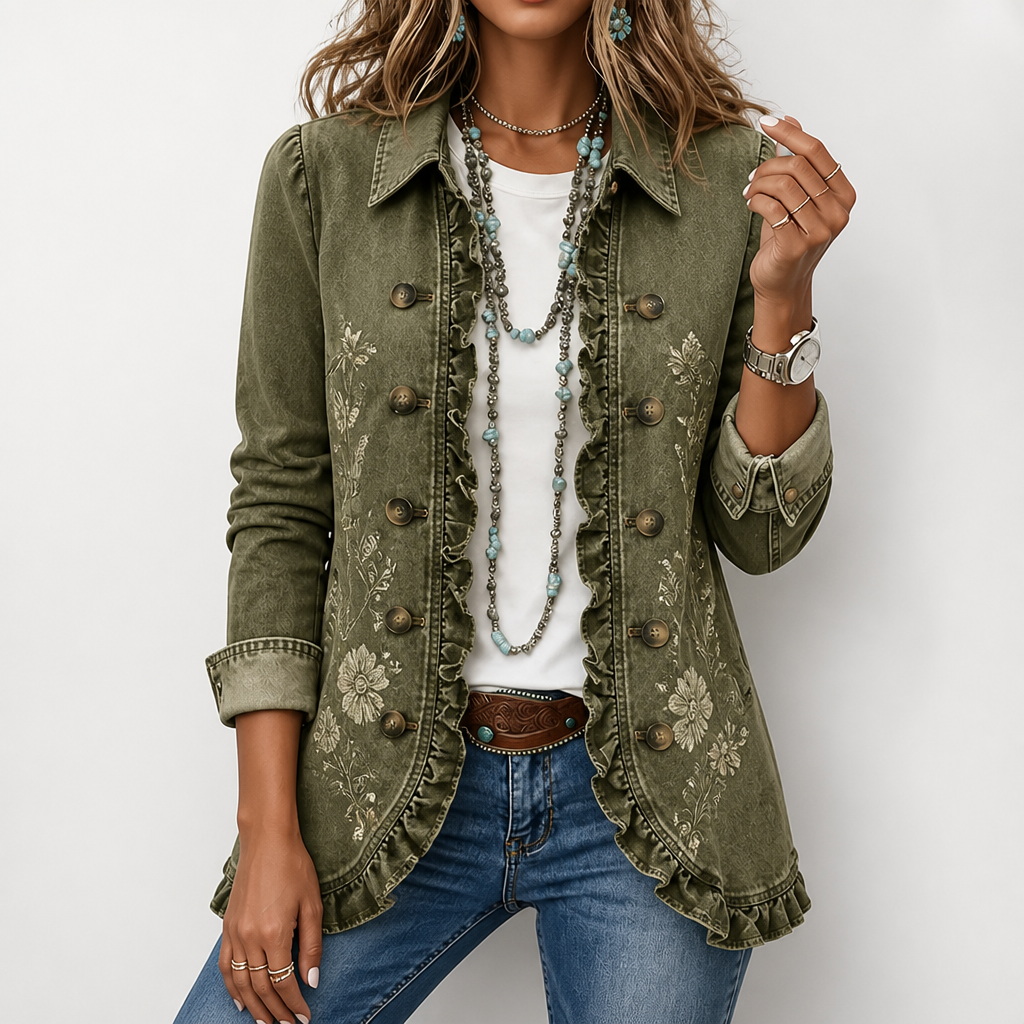 Blomsterbroderet utility-jakke – vintage-boho-stil med flæsekanter