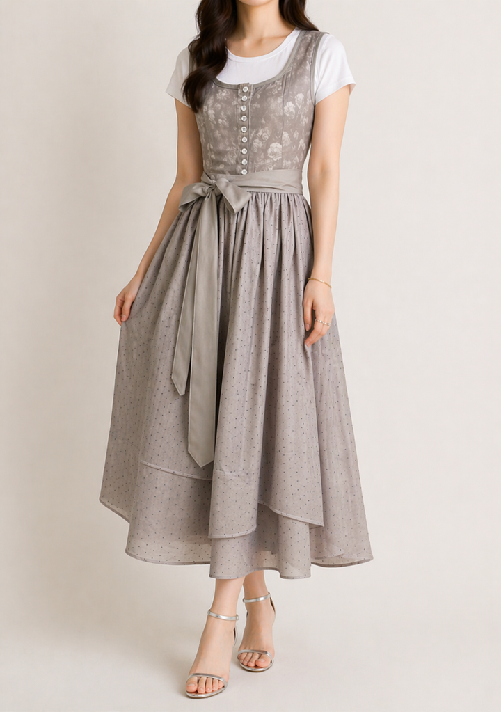 Dame-dirndl med lynlås, blondeærmer og taljebånd.