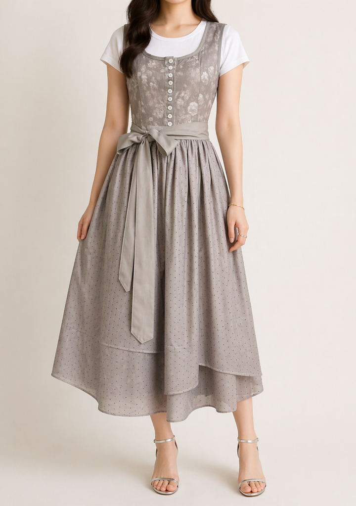 Dame-dirndl med lynlås, blondeærmer og taljebånd.