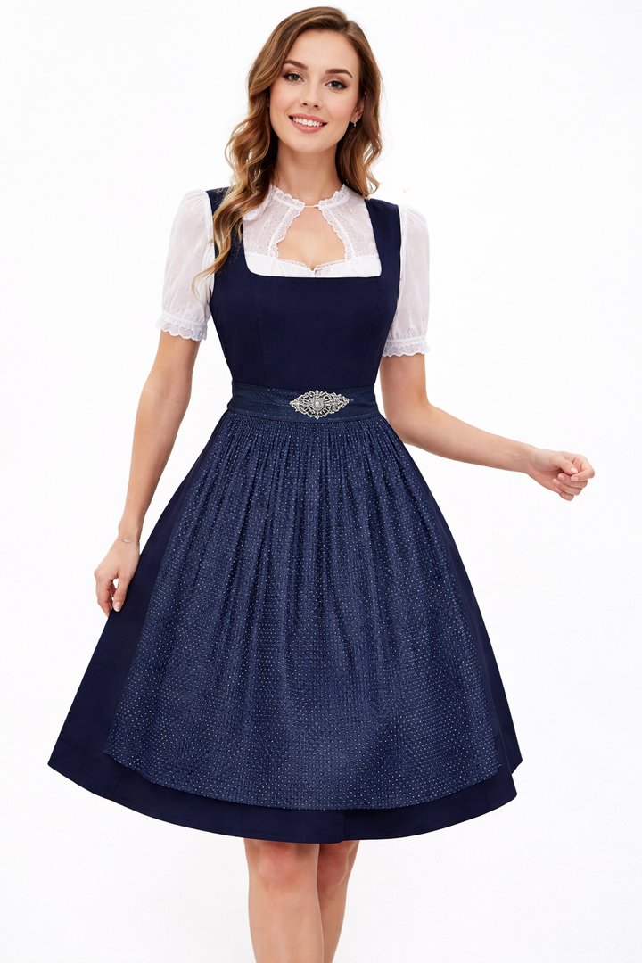 Dirndl-sæt til damer med bluse med høj krave og nederdel