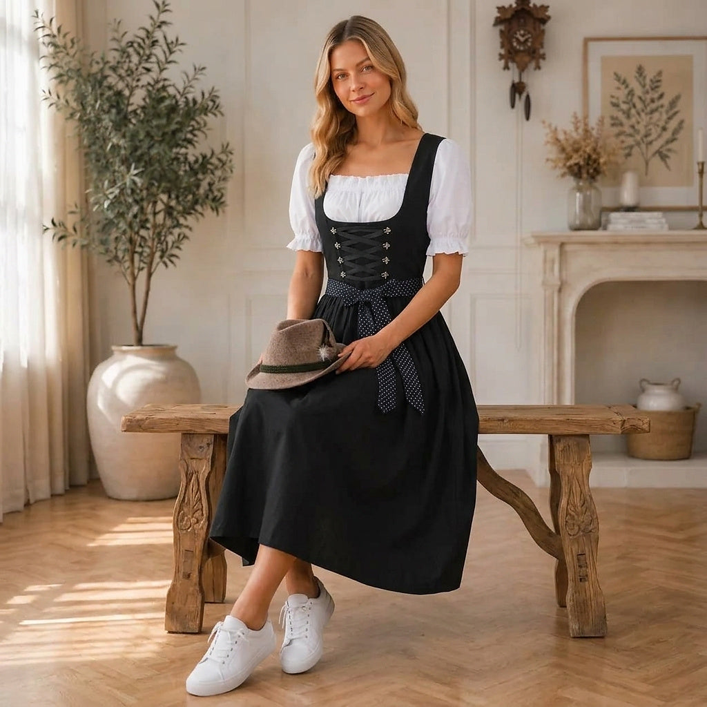Midi-dirndl til kvinder med snøremieder