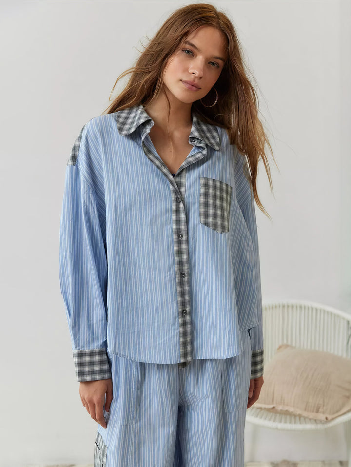 Pyjamassæt til damer med skjorte med knapper og bukser med elastisk linning