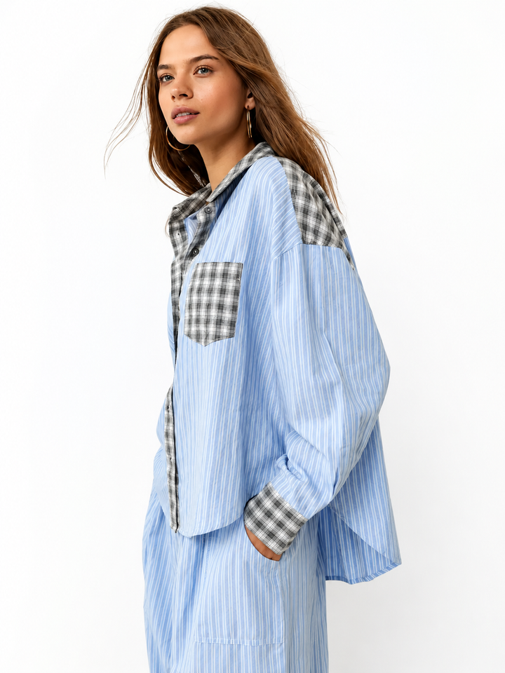 Pyjamassæt til damer med skjorte med knapper og bukser med elastisk linning
