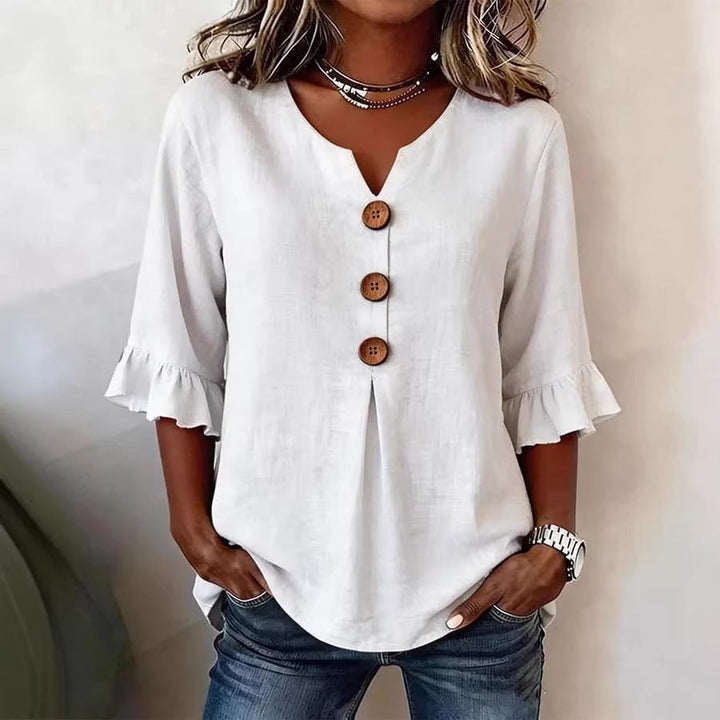Summer Ruffled-Sleeve Top Loose Casual V-Neck Buttons Short-sleeved Shirts Women's Clothing